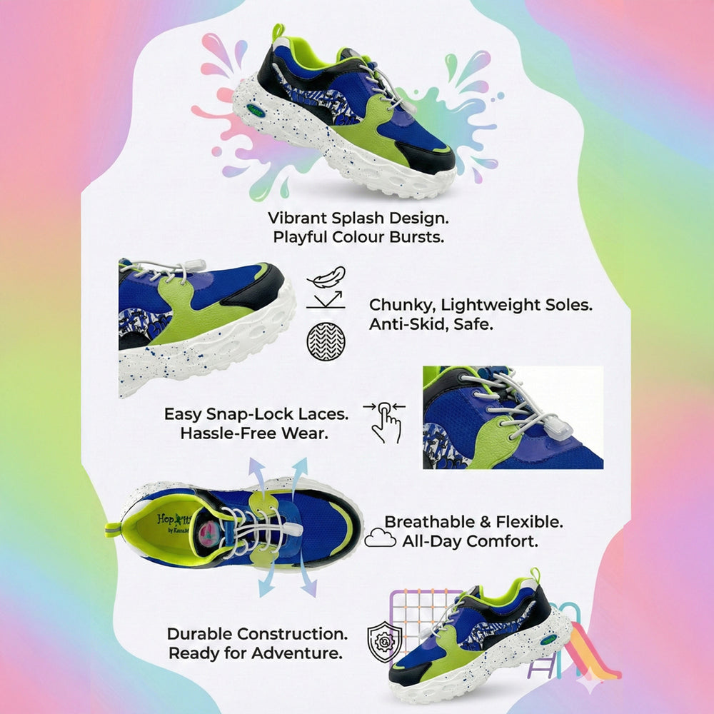 Splash Kicks Royal Blue Neon Green Sneakers With Snap-Lock - Hopits