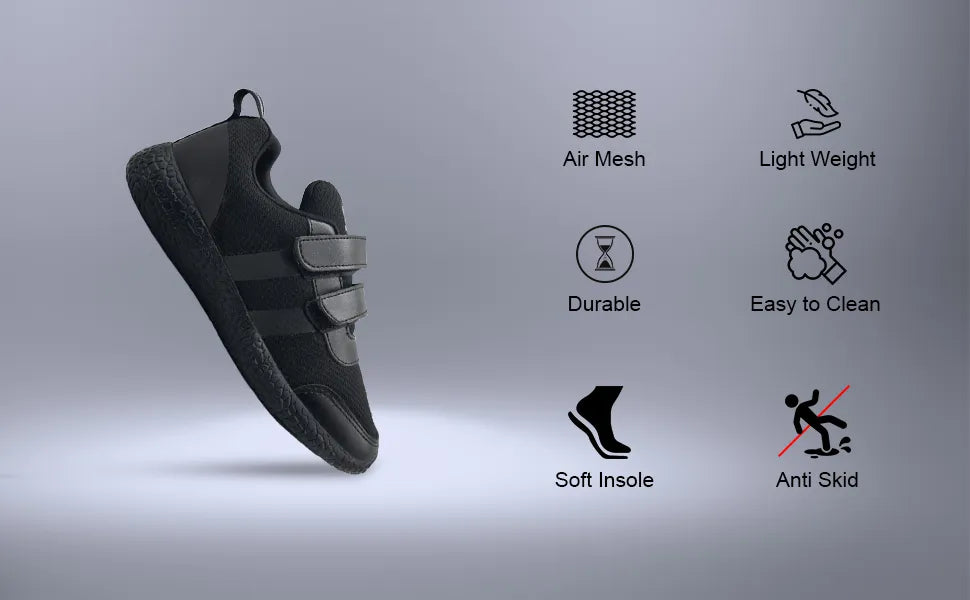 Skudo Kids Black Dual Strap School Shoes
