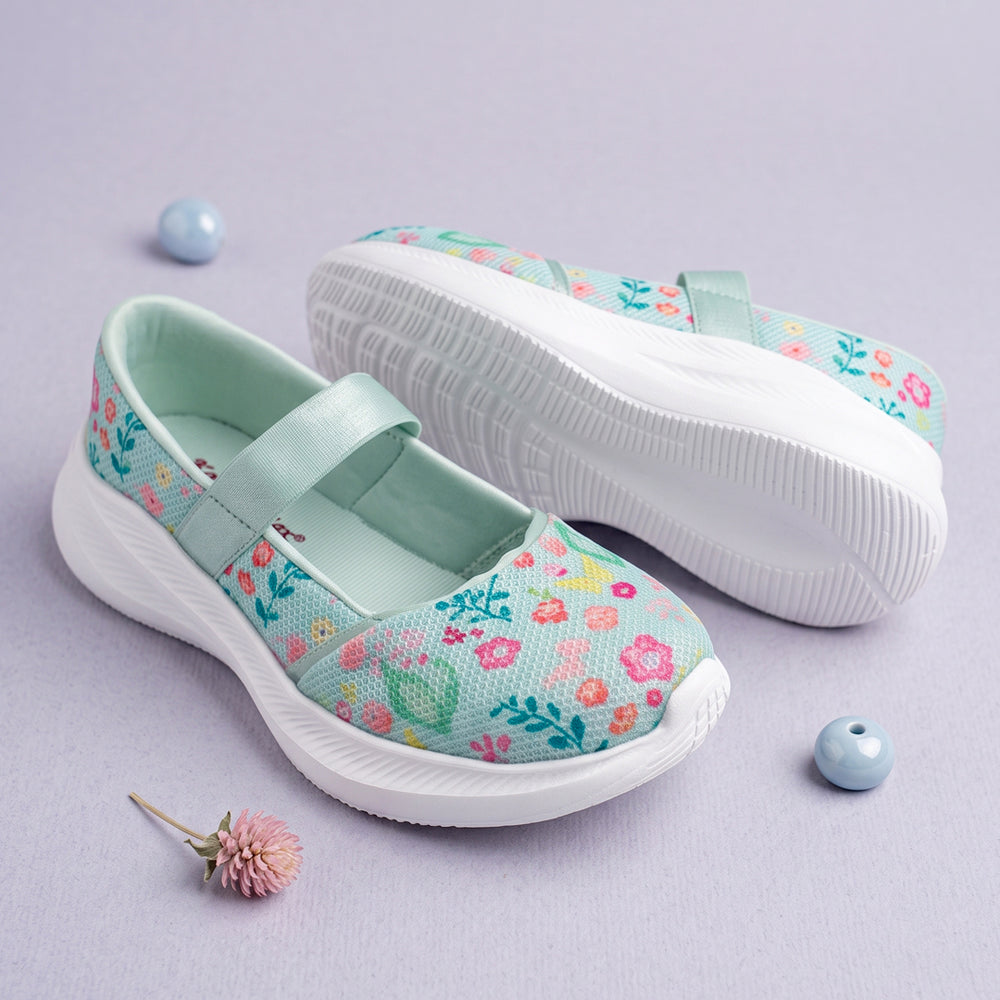 Trotter Girls Sea Green Floral Print Slip-On Ballerina