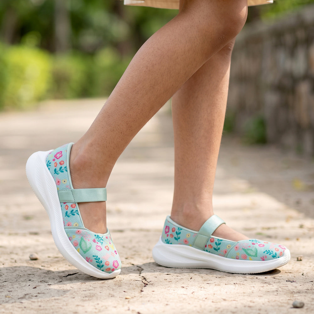 Trotter Girls Sea Green Floral Print Slip-On Ballerina