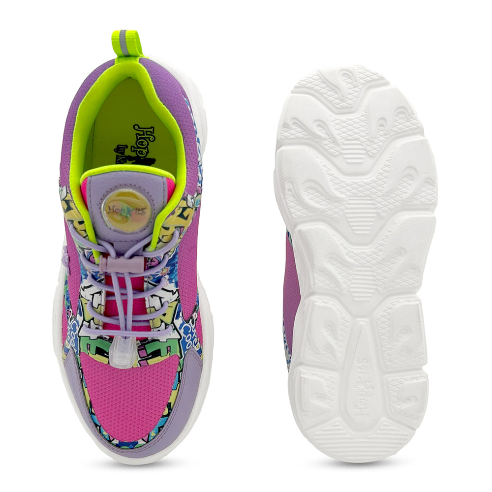 GlowGetters-Kids Girls Pink Purple Grafitti Print Sneakers - Hopits