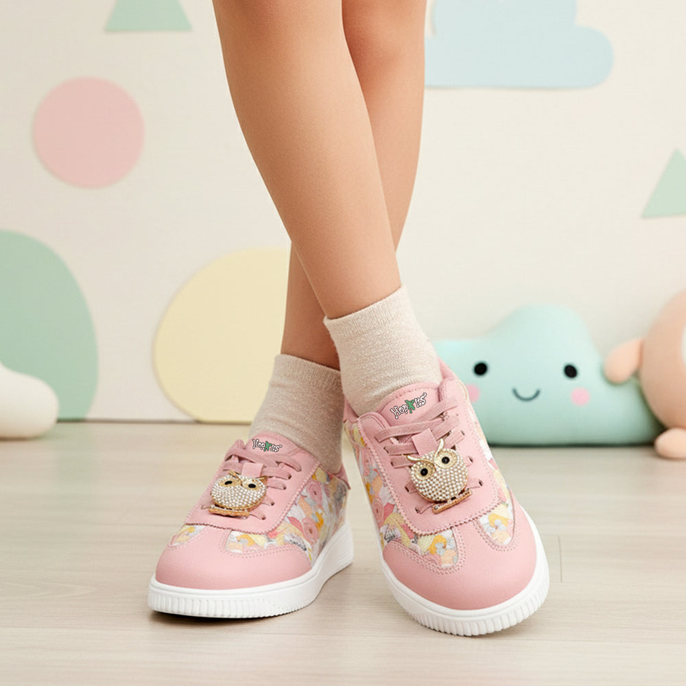 WonderWalk Peachy Owl Modified Lace-Up & Hook Loop Closure Casual Sneakers Shoes-Peach - Hopits