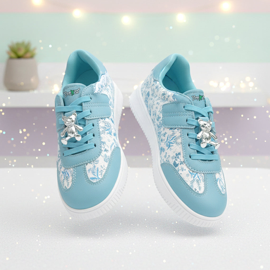WonderWalk Teddy Floral Modified Lace-Up & Hook Loop Closure Casual Sneakers Shoes-Light/Sky Blue - Hopits