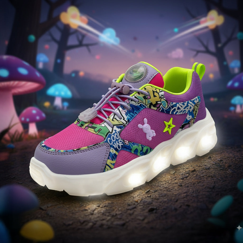 GlowGetters-Kids Girls Pink Purple Grafitti Print Sneakers