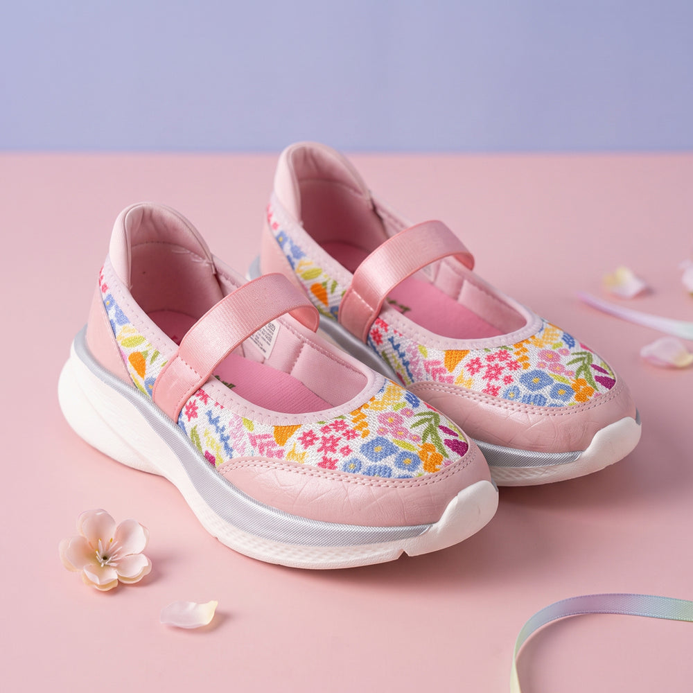 Mary Jane Ballerina Peach Floral Sporty  Girls